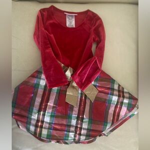 Christmas Red Velvet Plaid Dress with Gold Bow